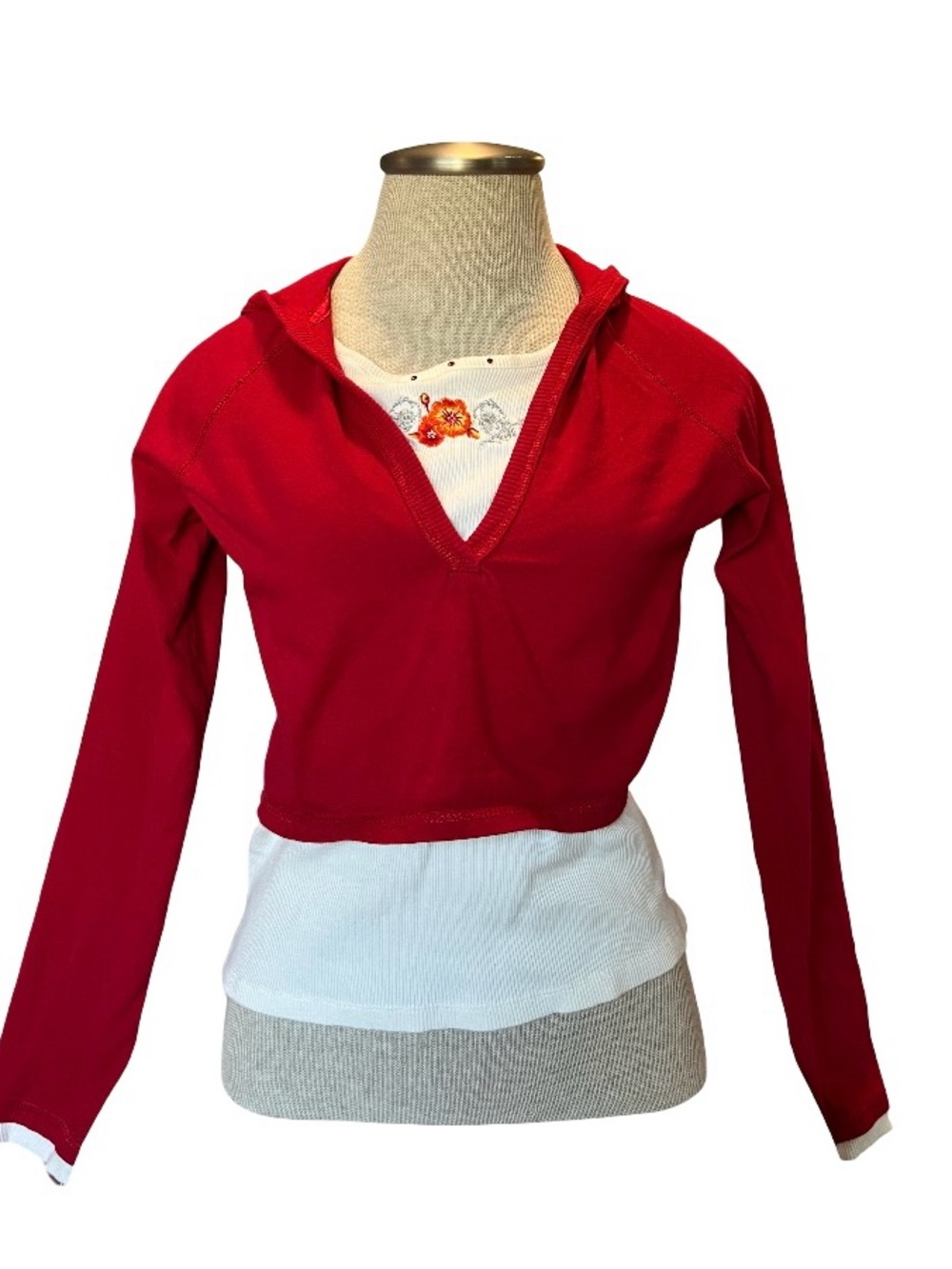 Y2K 2000s style Faded Glory Red/White Pullover Hoodie with Embroidered Floral